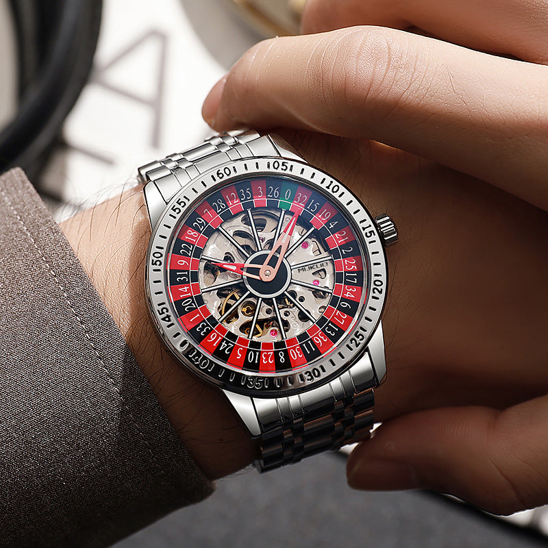 Roulette Wheel Skeleton Watch Men | Red Blue Casino Dial | Black Steel Bracelet | Hollow Tourbillon Style Automatic Watch