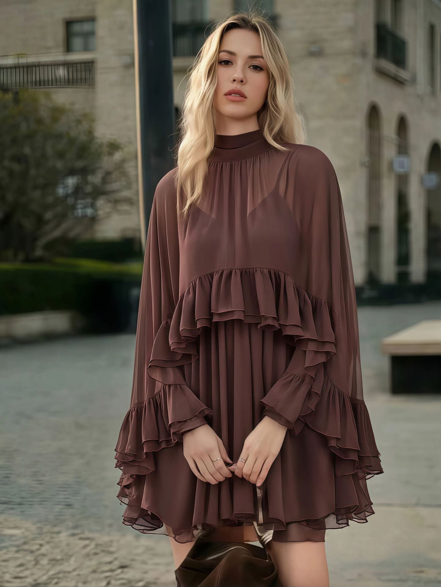 Brown Chiffon Ruffle Mini Dress | Mock Neck Long Sleeve Tiered Ruffle Flowy Short Dress for Women