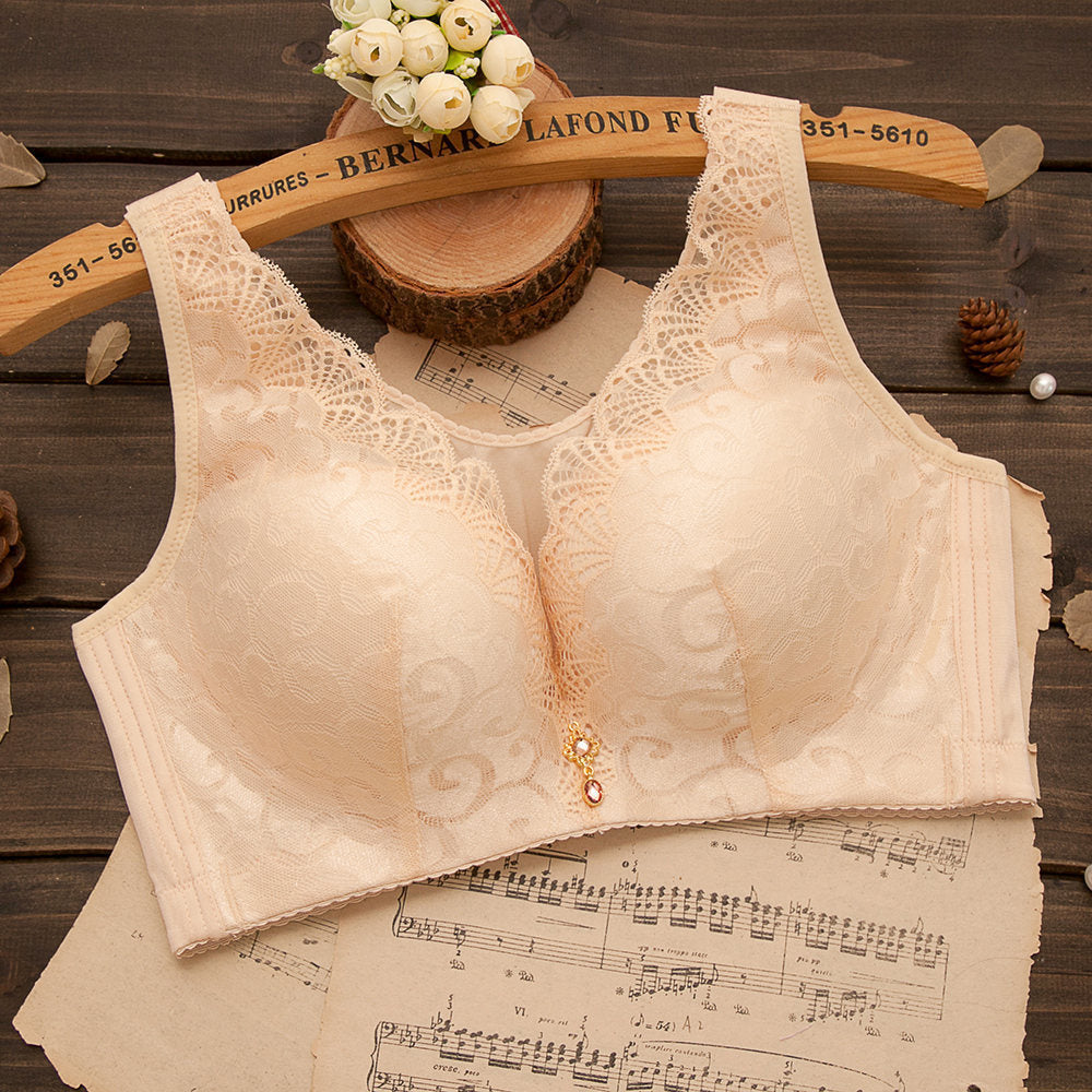 Women's Black Floral Lace Wireless Bra with Gold Charm Detail, Wide Straps and V Neckline for Everyday Elegance