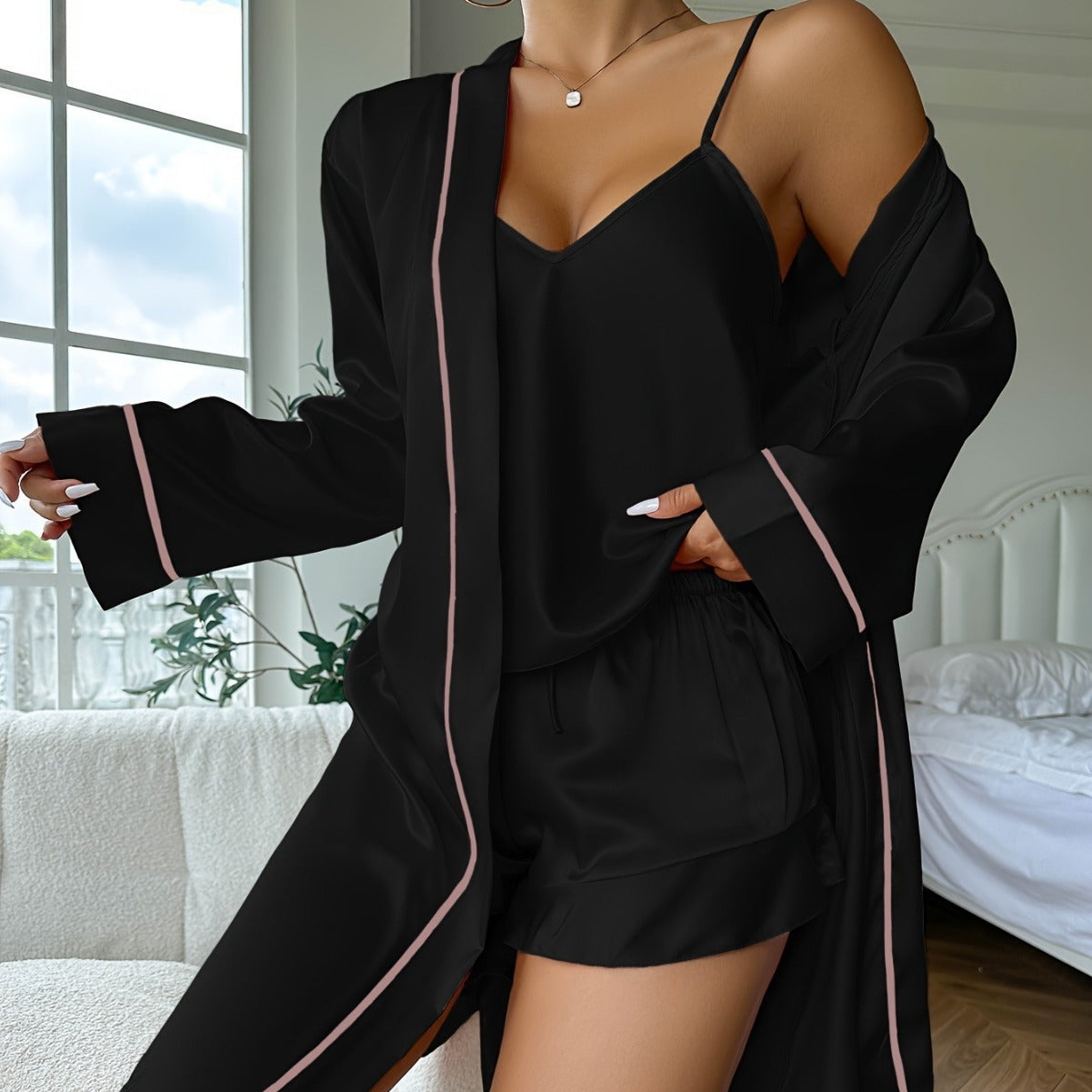 Satin 3-Piece Pajama Set | Pink Silk-Feel Robe Cami & Shorts Sleepwear | Women's Luxury Loungewear Set with Contrast Trim