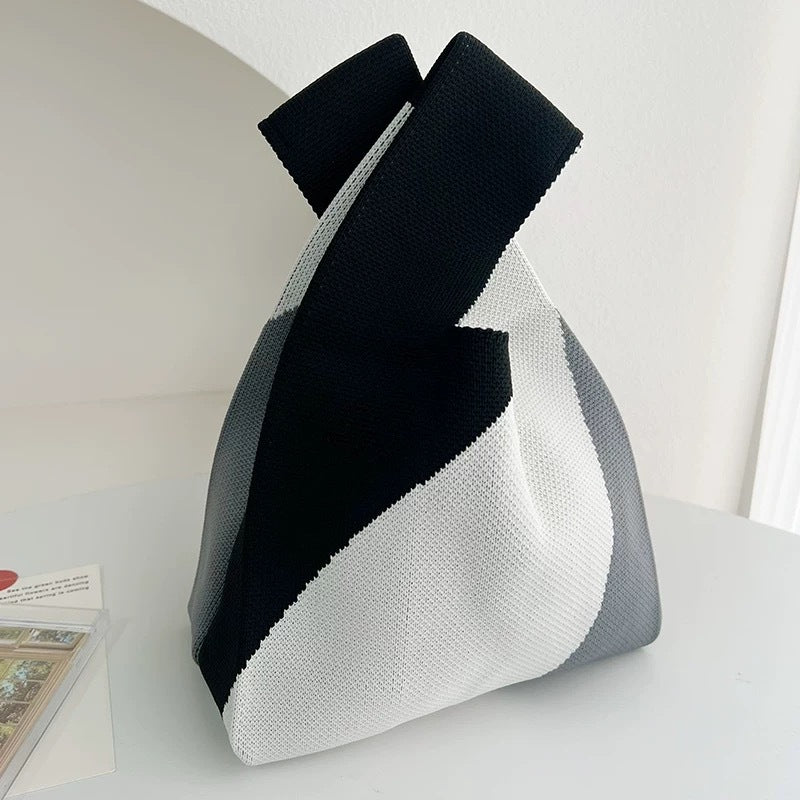 Black & White Geometric Knit Tote Bag | Aztec Pattern Wrist Handle Handbag | Boho Crochet Style Women's Bag