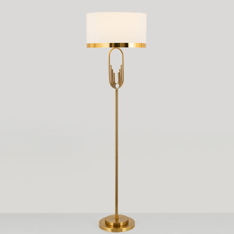 Gold Floor Lamp | Arch Metal Base White Drum Shade | Modern Living Room Standing Lamp