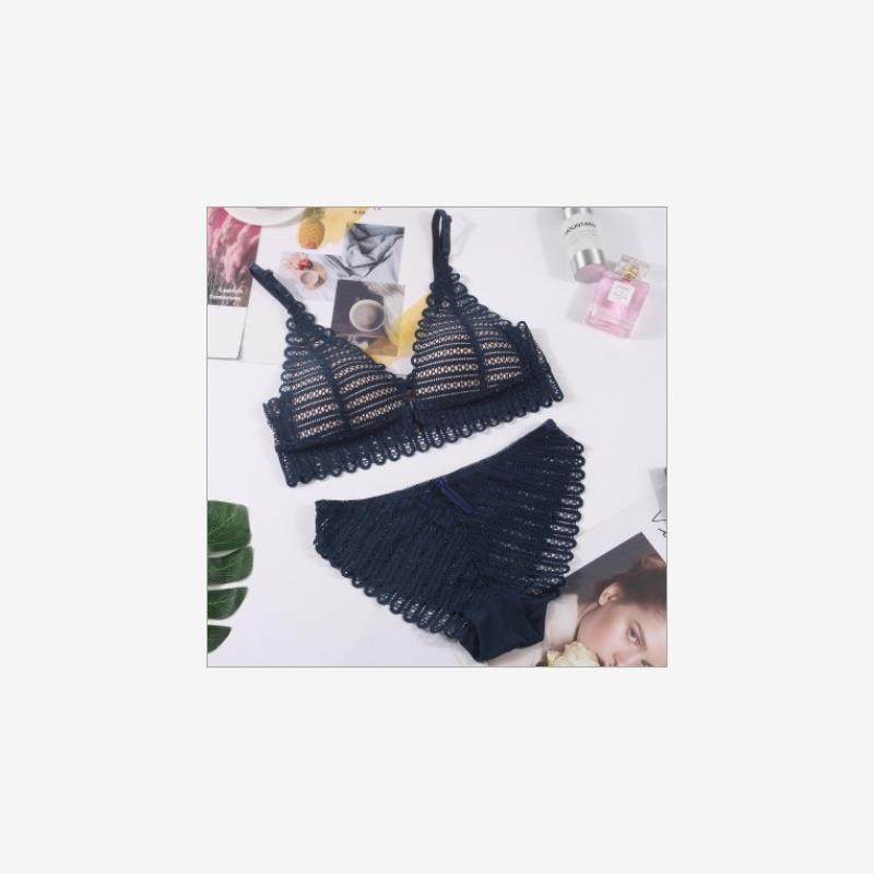 Women's Boho Crochet Lace Bralette & Panty Set ? Sexy V-Neck Scallop Trim Matching Lingerie Set in Nude & Navy