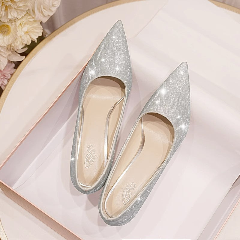 Champagne Glitter Sequin Pointed Toe Stiletto Pumps | Women's Sparkle Slip-On High Heel Shoes | Luxury Bridal Party Heels