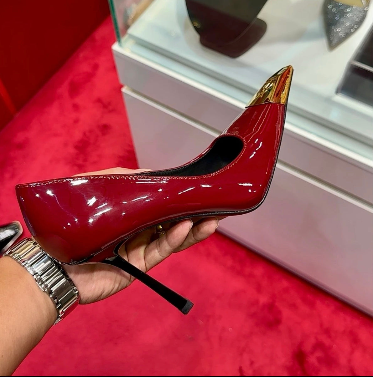 Black Patent Leather Gold Metal Cap Toe Stiletto Pumps | High Heel Pointed Toe Court Shoes for Women