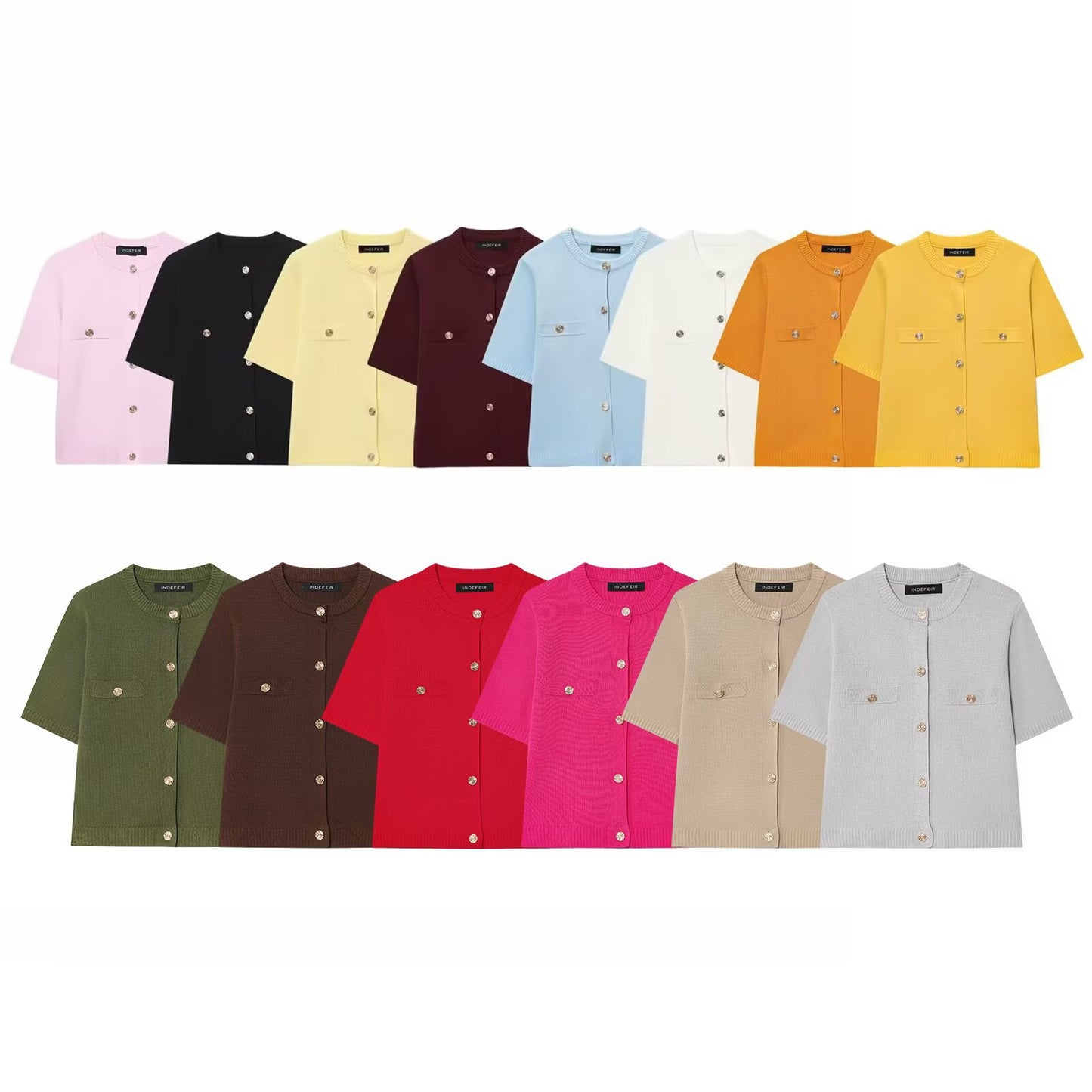 INDEFEIR Women's Burgundy Knit Cardigan - Short Sleeve Button Down Sweater with Gold Jewel Buttons & Chest Pockets - Elegant Cropped Knitwear for Fall Winter - Ladies Luxury Knit Top