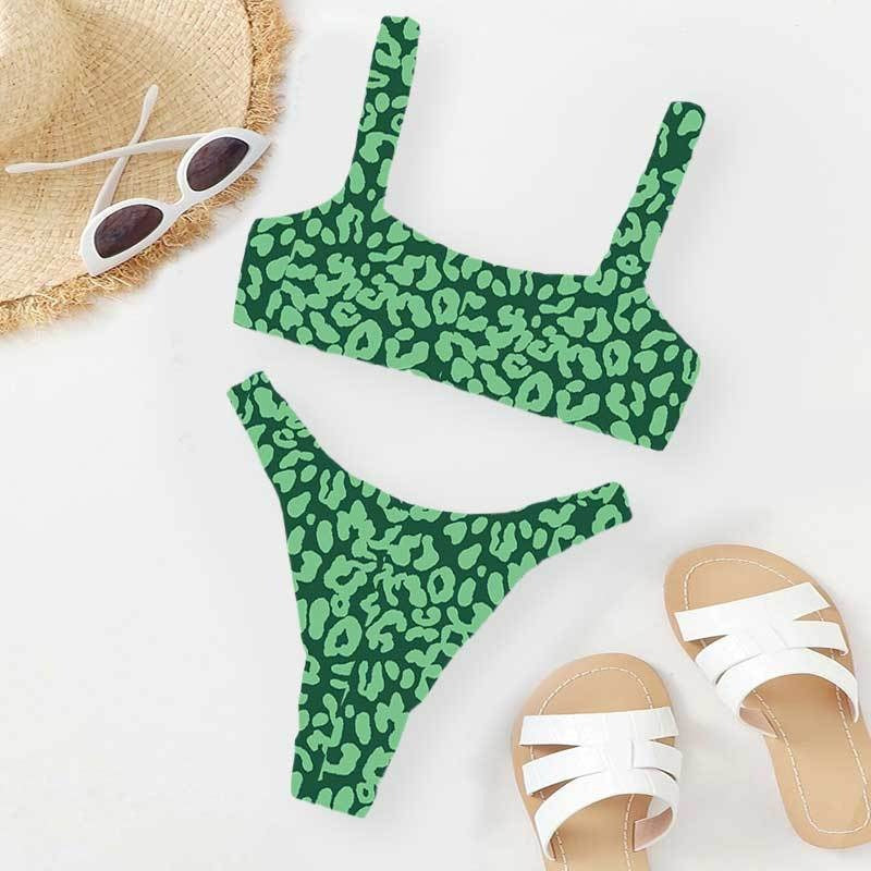 Colorful Leopard Print Bikini Set, Square Neck Crop Top & High Cut Bottom, Women Two Piece Swimwear, Multi Color Animal Print Swimsuit, Beach Vacation Bathing Suit