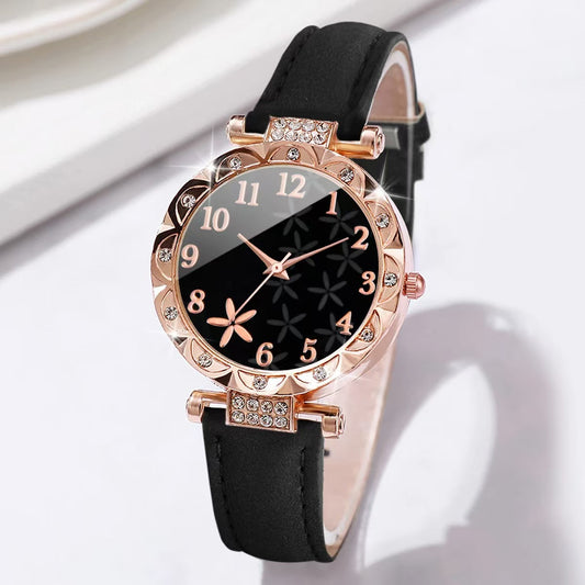 Damen-Schmuckset: 6-teiliges Set aus Uhr, Halskette, Ohrringen, Armband und Ringen in Roségold mit Diamanten | Weißes Lederarmband 