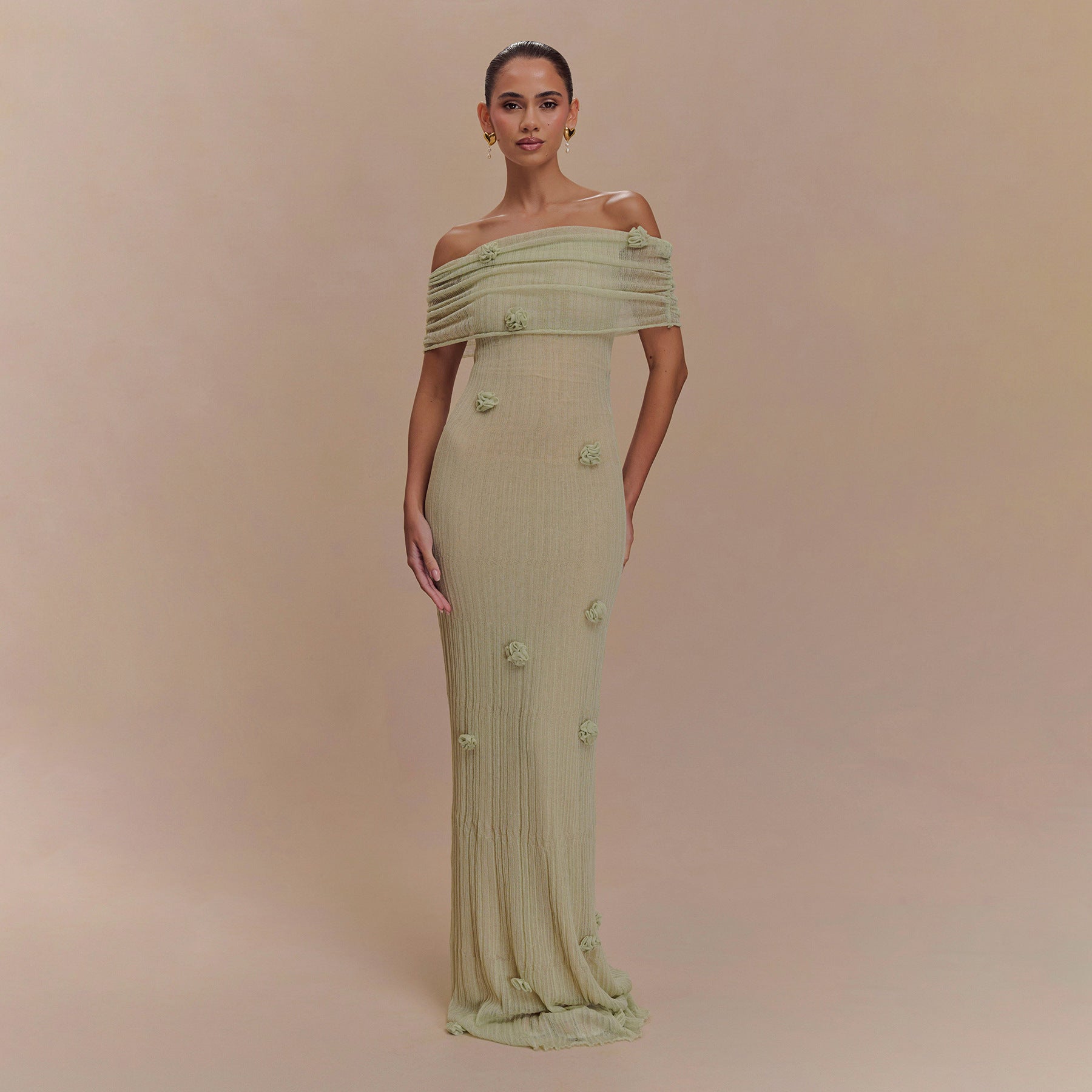 White Off-Shoulder Pleated Maxi Dress | 3D Floral Appliqu� Bridal Gown | Women's Luxury Formal Evening Dress