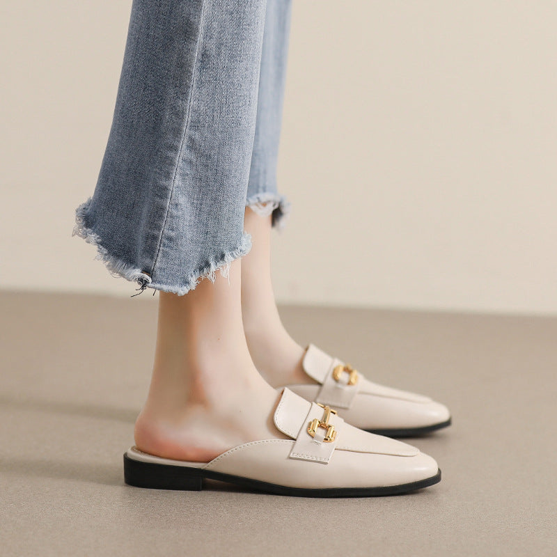 Women's Cream Leather Mule Loafers with Gold Chain Buckle ? Elegant Slip-On Backless Flat Shoes