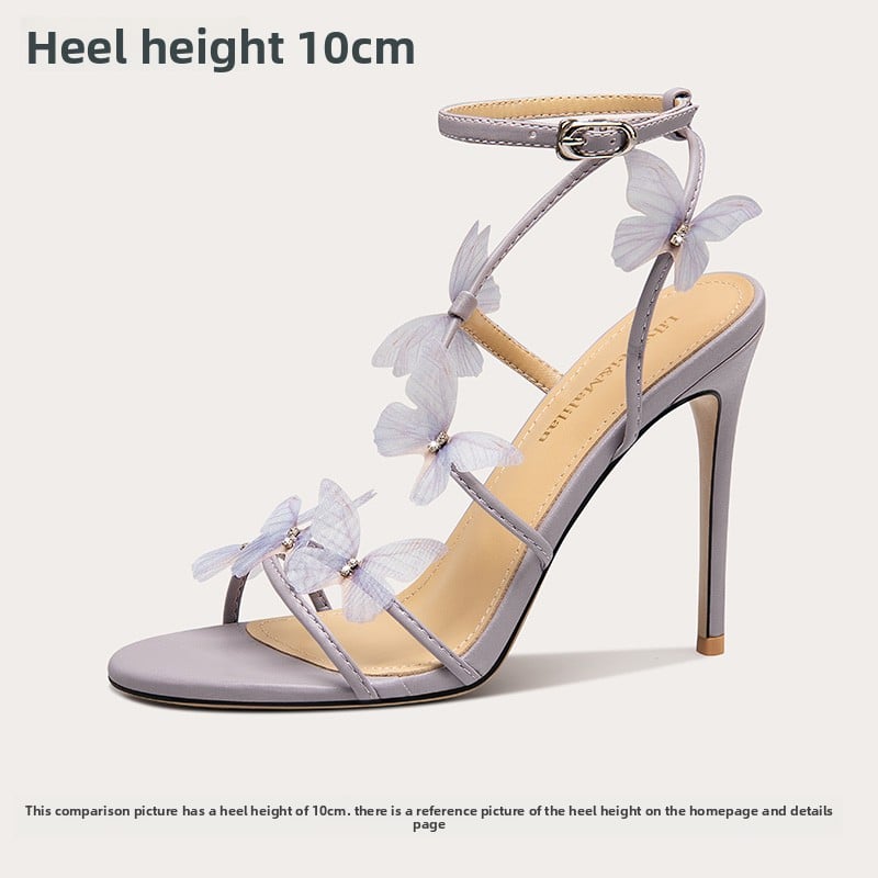 Lavender Grey Butterfly Flower Ankle Strap Stiletto Sandals | 3D Organza Butterfly Embellished Strappy High Heels for Women | Wedding Bridal Fairy Garden Party Shoes