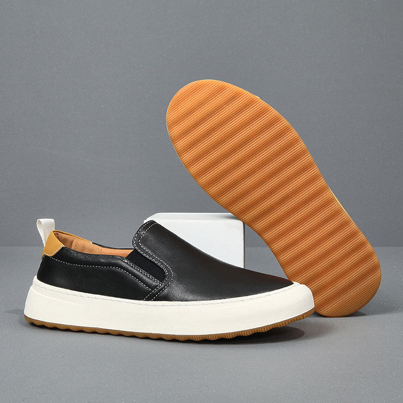 White Leather Slip-On Sneakers Men Casual Loafers Elastic Panel Gum Sole Minimalist Flat Shoes