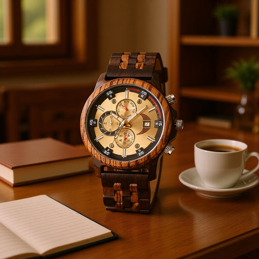 Men's Wooden Chronograph Watch | Blue Dial Rose Gold Sandalwood Day Date Sport Watch