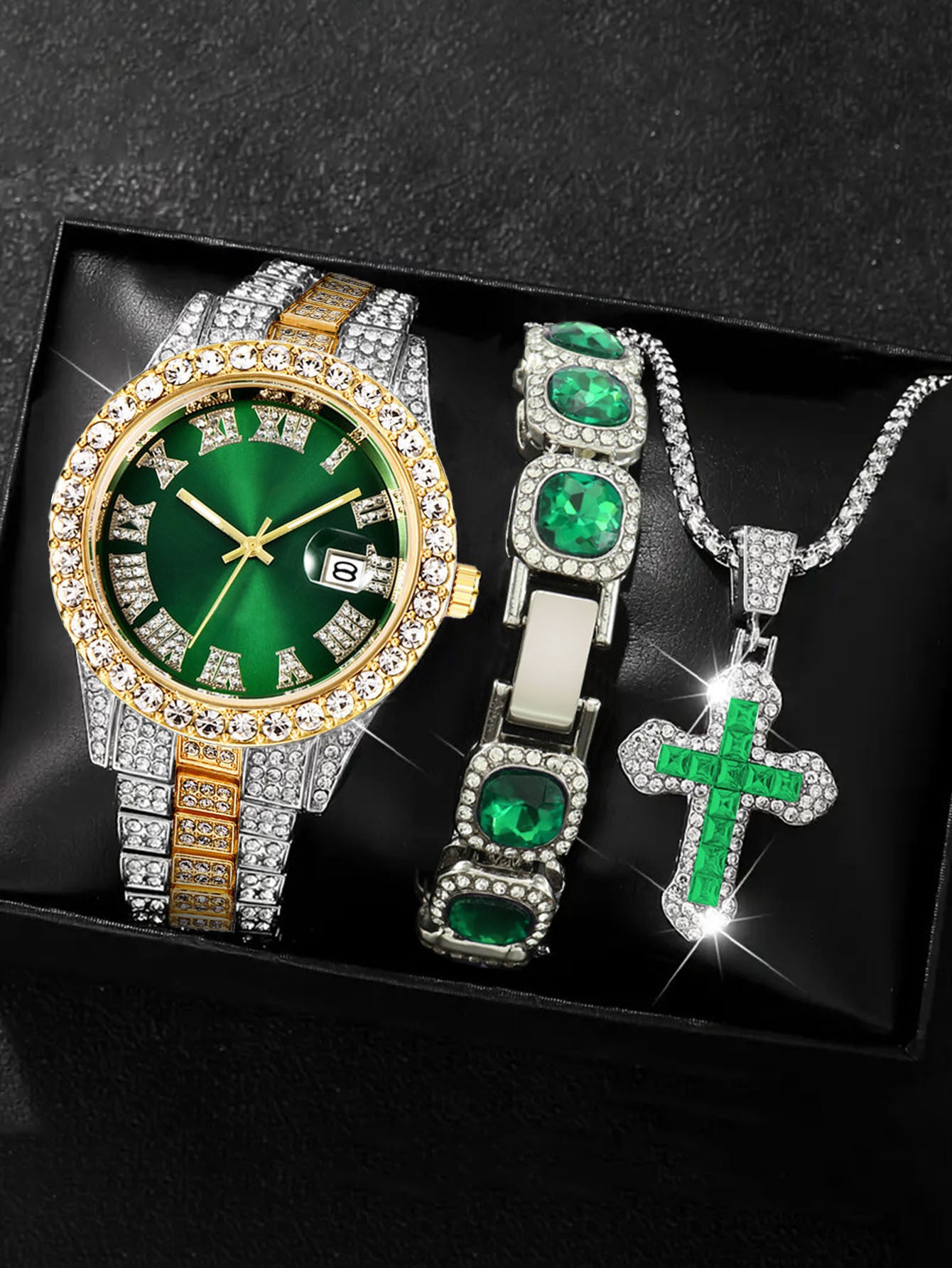 Men's Iced Out Green Emerald Watch Bracelet & Cross Necklace Set | Gold CZ Diamond Hip Hop Jewelry Gift Box