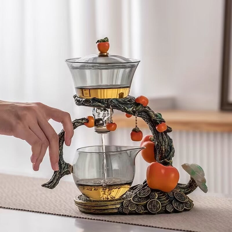 Chinese Automatic Glass Tea Set | Persimmon Tree Lucky Design | Magnetic Rotating Infuser | 6 Cups & Tea Tray | Kung Fu Gongfu Tea Ceremony Gift