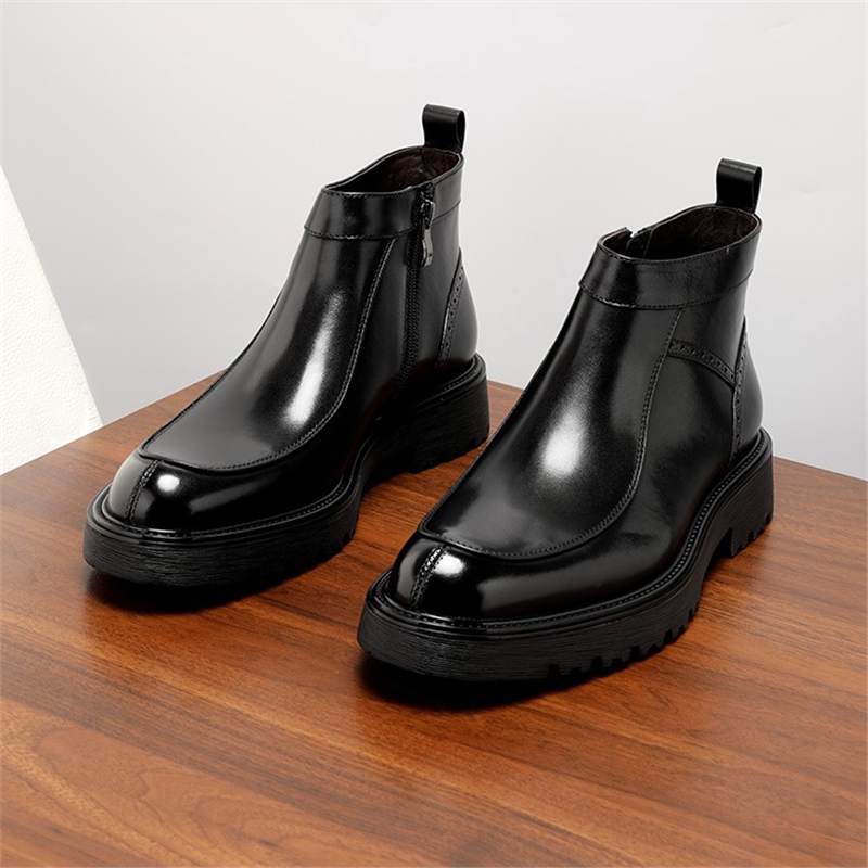 Men's Black Glossy Leather Platform Chelsea Ankle Boots | Luxury Zip-Up Thick Sole Dress Boots for Men