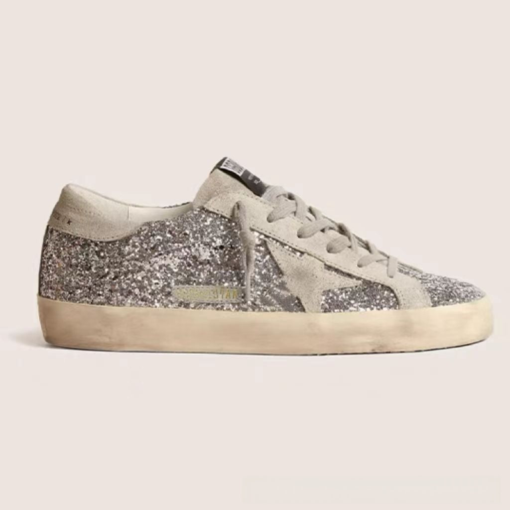 Women's White Distressed Star Patch Low Top Sneakers ? Vintage Worn Look Leather Style Lace-Up Shoes