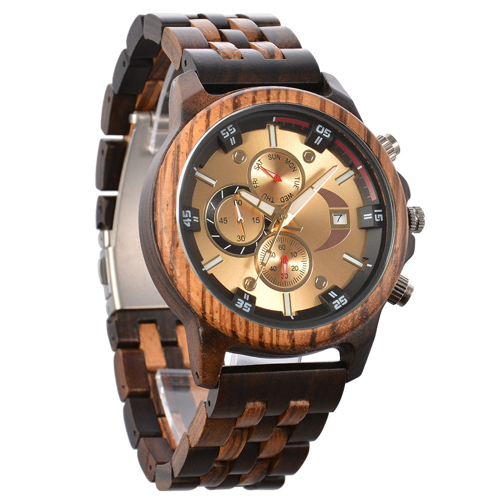 Men's Wooden Chronograph Watch | Blue Dial Rose Gold Sandalwood Day Date Sport Watch