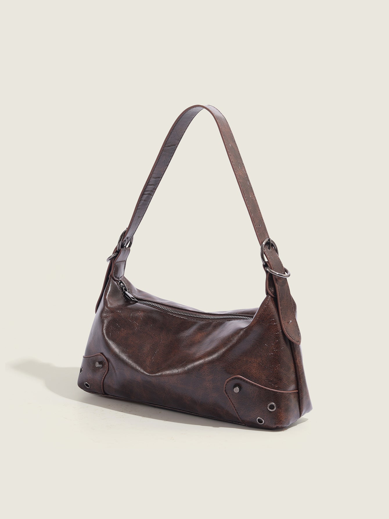 Brown Distressed Leather Shoulder Bag - Vintage Y2K Hobo Bag with Studded Details | Crescent Shaped Crossbody with Buckle Strap