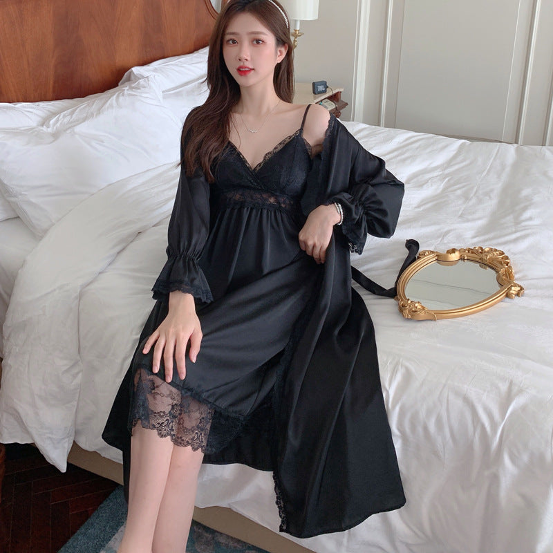 Women's Black Satin Lace Trim Nightgown and Robe Set Sexy 2 Piece V Neck Slip Dress with Long Sleeve Dressing Gown Sleepwear