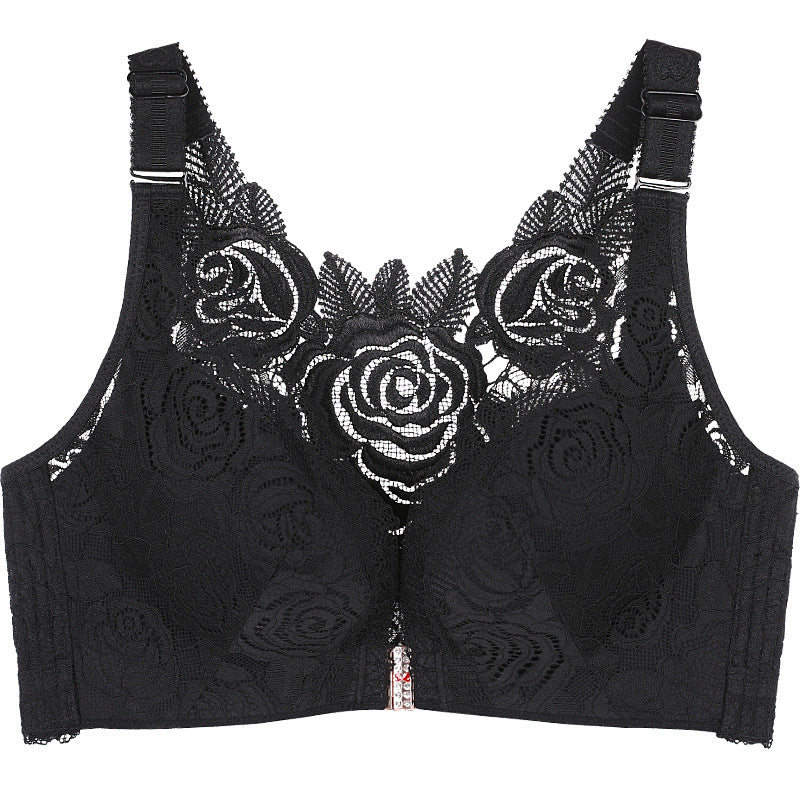 Black Rose Lace Front Buckle Bralette | Gather Push Up Wirefree Bra | Women's 3D Rose Racerback Lingerie Bra