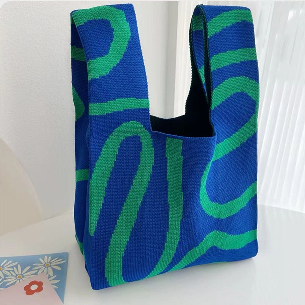 Black & White Geometric Knit Tote Bag | Aztec Pattern Wrist Handle Handbag | Boho Crochet Style Women's Bag