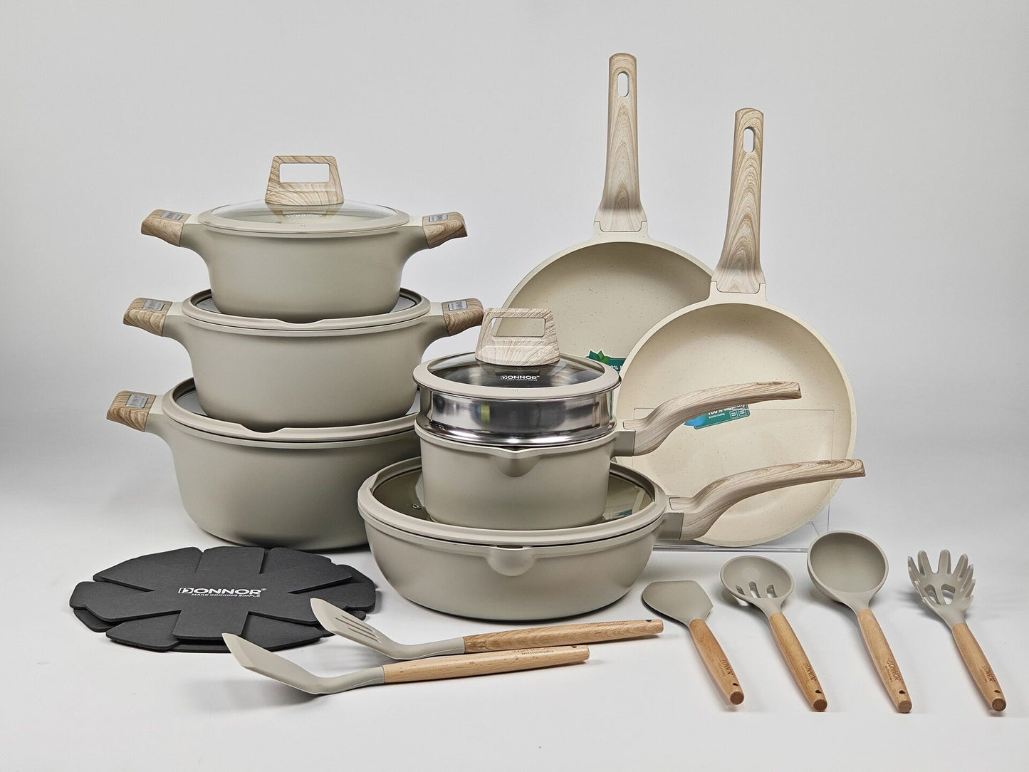 Donnor Relly 22-Piece Non-Stick Cookware Set Grey | Granite Coating European Aluminum | Pots Pans Kitchen Set