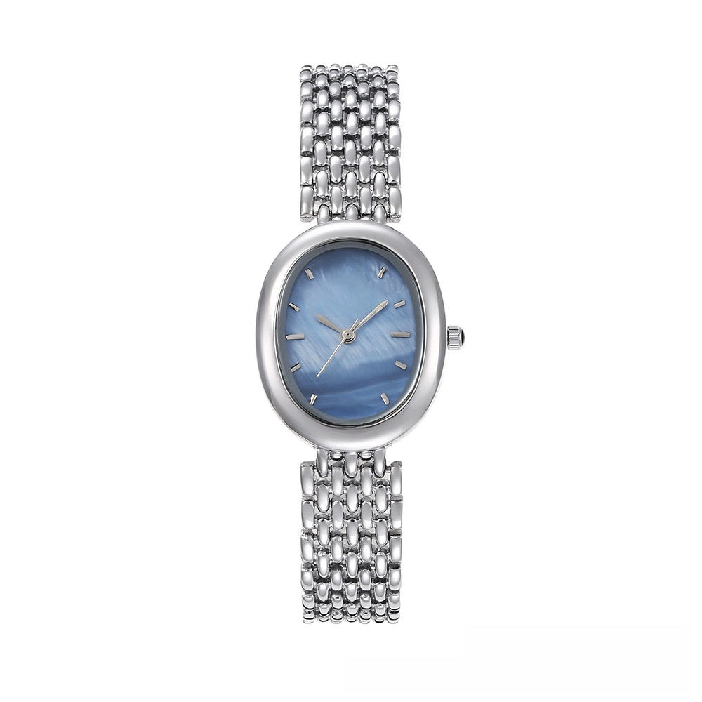 Oval Mother of Pearl Watch Women | Blue Shell Dial Roman Numerals | Silver Brick Bracelet | Elegant Quartz Dress Watch