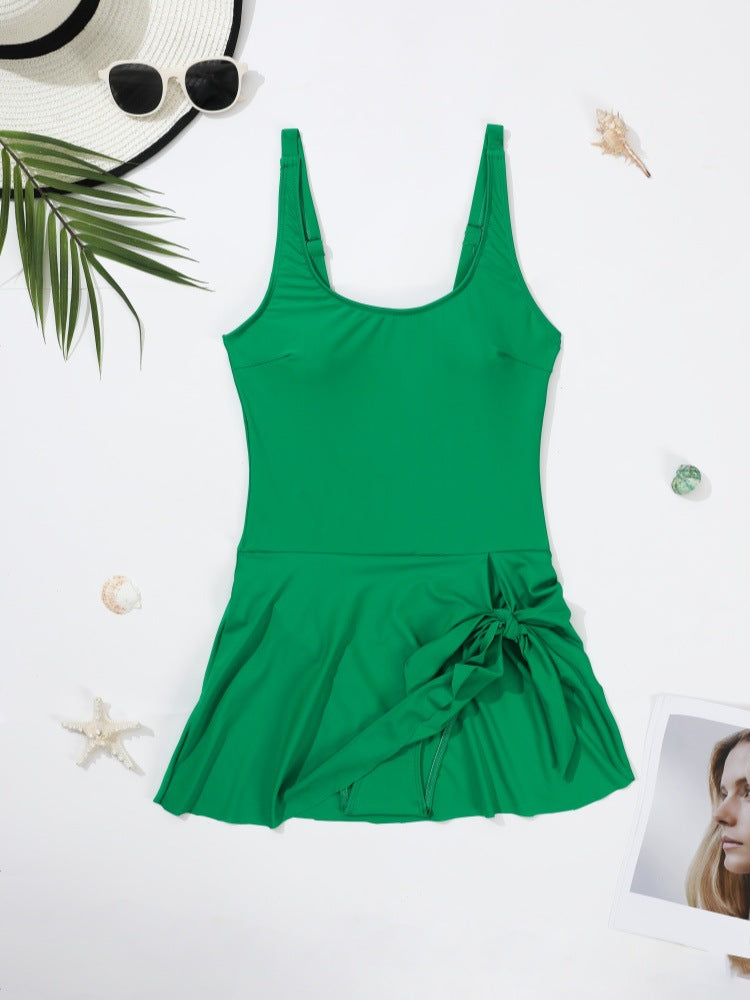 Black One-Piece Swimsuit with Wrap Skirt | Scoop Neck Tie Side Swim Dress | Tummy Control Beach Swimwear for Women