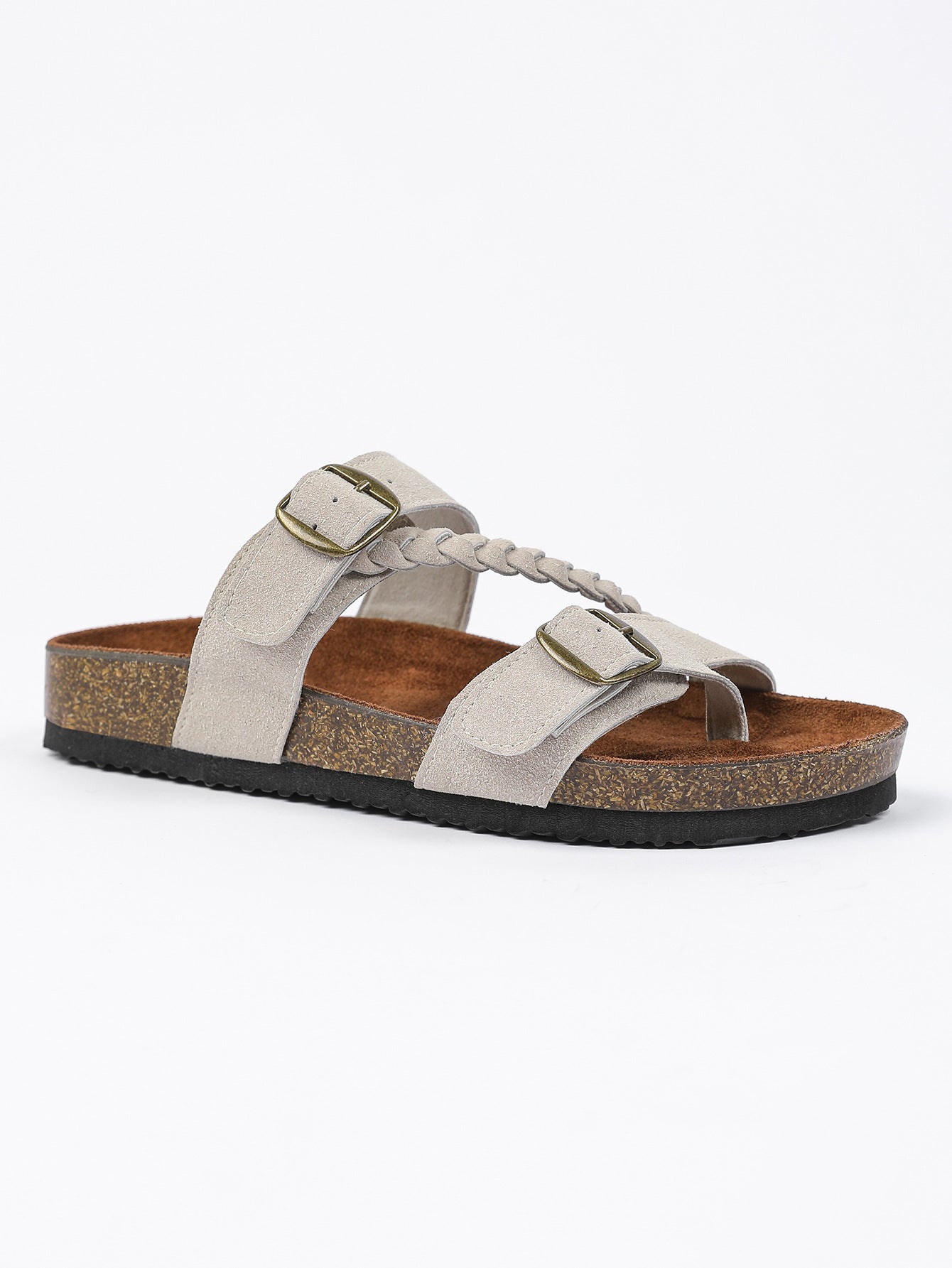 Cream Braided Strap Cork Footbed Sandals Gold Buckle Toe Post Flat Suede Sandal | Women Boho Summer Beach Casual Comfortable Everyday Fashion Sandals