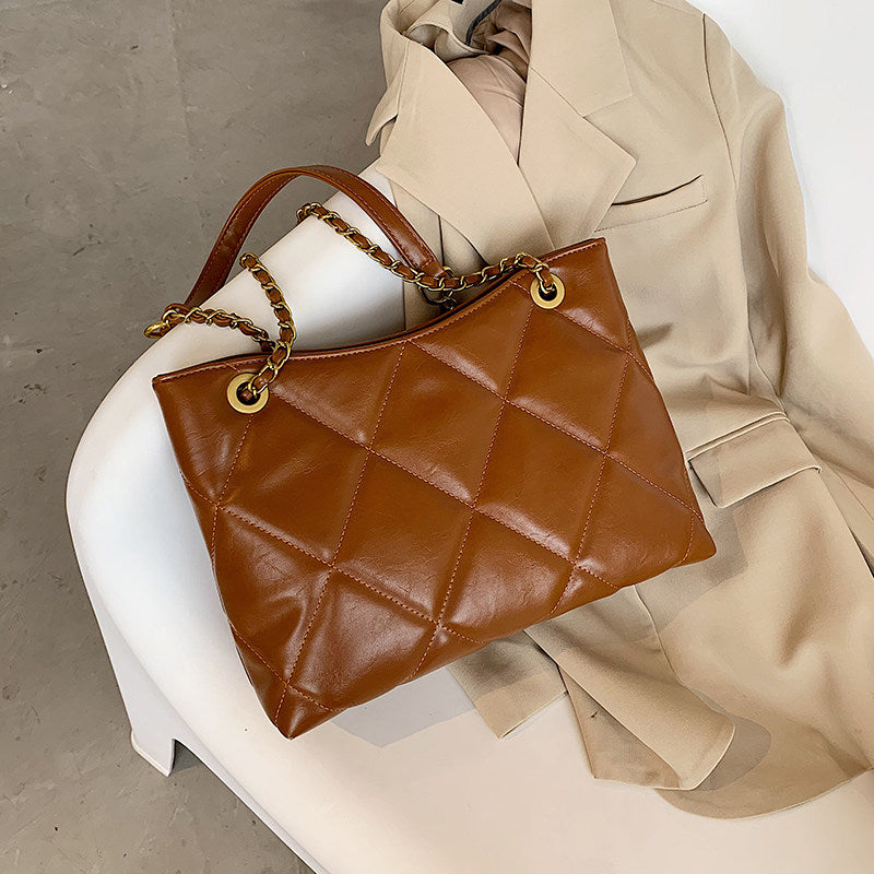 Cream White Quilted Leather Tote Bag with Gold Chain Straps | Diamond Stitched Shoulder Bag