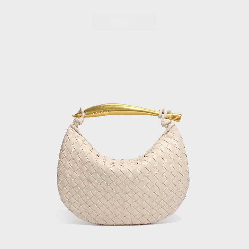 Burgundy Woven Leather Hobo Bag with Gold Handle | Intrecciato Crescent Shoulder Bag