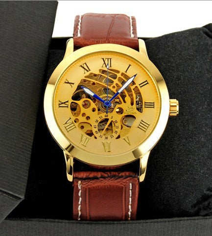 Shenhua Bronze Skeleton Automatic Mechanical Watch Brown Leather Tachymeter Bezel | Men Vintage Steampunk Transparent Dial Luxury Wrist Watch