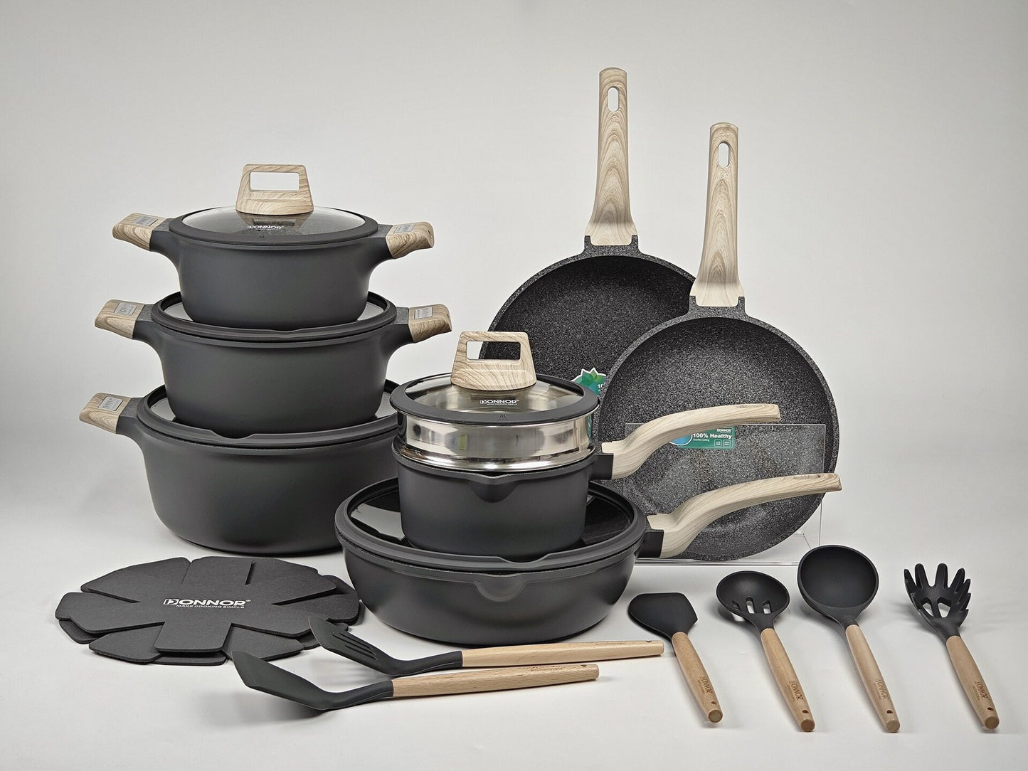 Donnor Relly 22-Piece Non-Stick Cookware Set Grey | Granite Coating European Aluminum | Pots Pans Kitchen Set