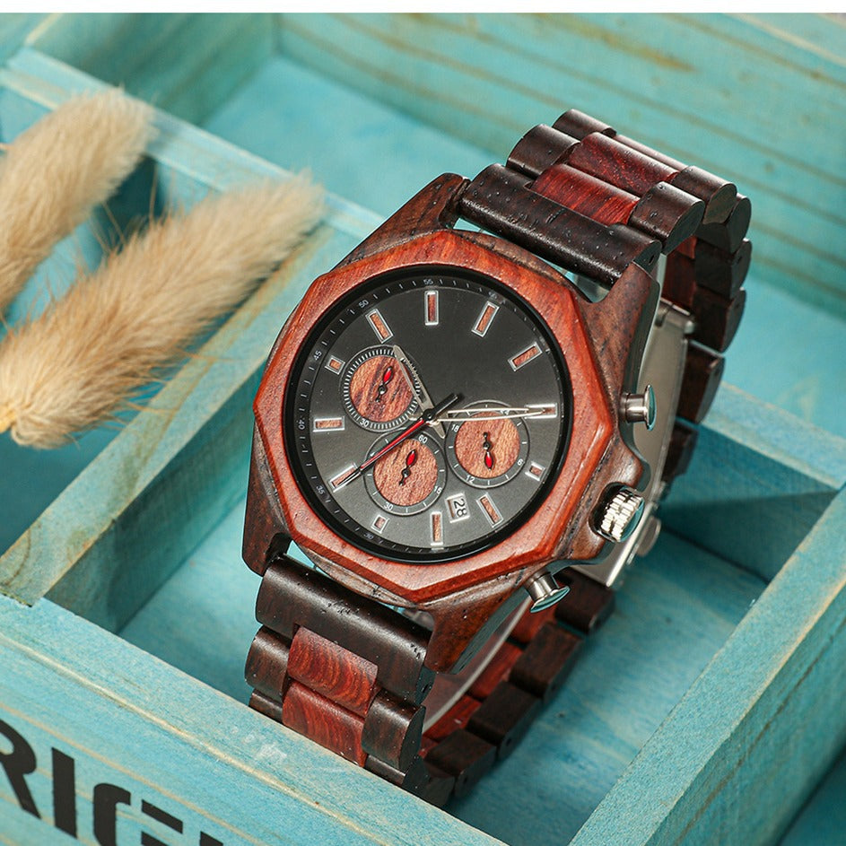 Men's Handcrafted Wooden Chronograph Watch | Zebra & Red Sandalwood Two-Tone Band | Octagonal Case, Roman Numerals & Date Display | Eco-Friendly Luxury Timepiece
