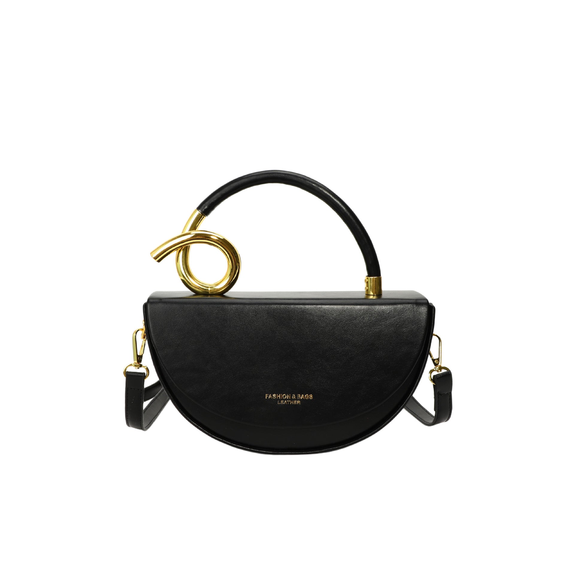 Black Half Moon Crossbody Bag with Gold Ring Handle | Mini Bag