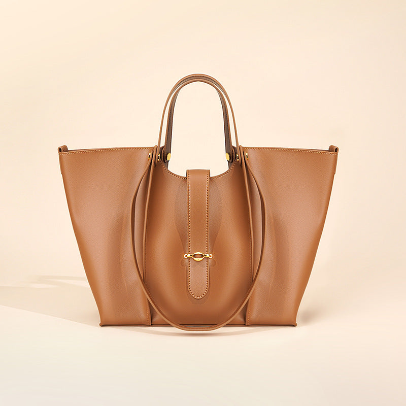 Caramel Tan Leather Tote Bag - Women's Structured Shoulder Bag with Gold Hardware | Large Capacity Work & Professional Tote