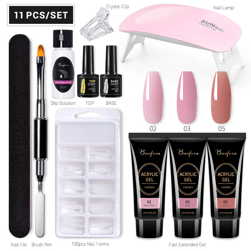 Baafven 11PCS Acrylic Gel Nail Extension Kit | Poly Gel Set with UV LED Nail Lamp, Top & Base Coat, Nail Forms & Tools