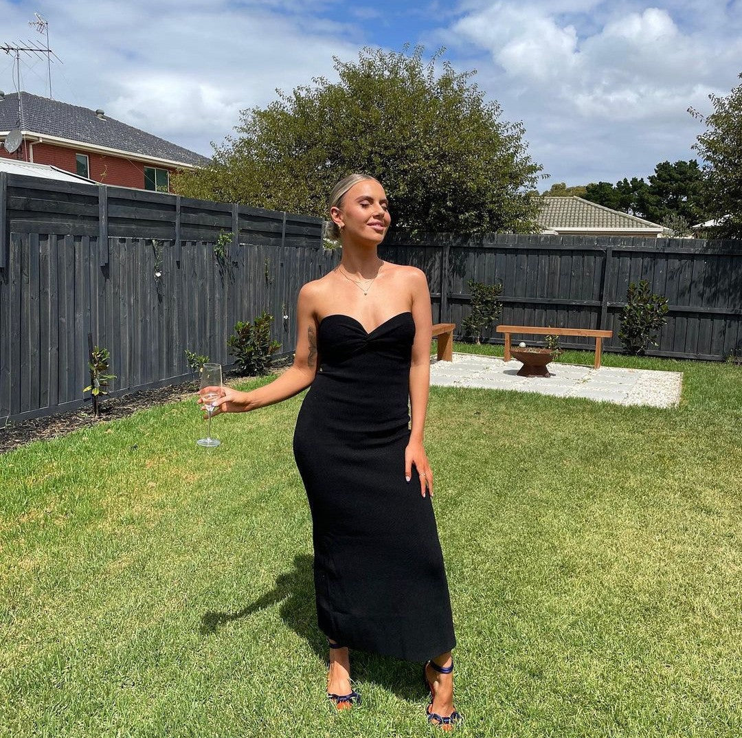 Black Strapless Midi Dress | Ribbed Bodycon Bandeau Dress | Elegant Evening & Party Dress for Women
