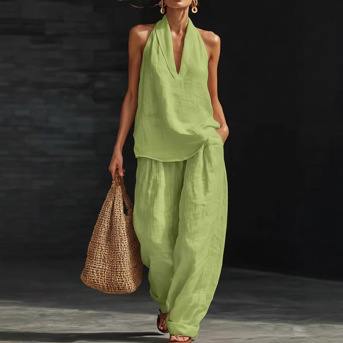 Women's 2 Piece Linen Halter Neck Top & Wide Leg Pants Set | Casual Boho Summer Co-Ord Outfit | Beach Vacation Loungewear | Burgundy