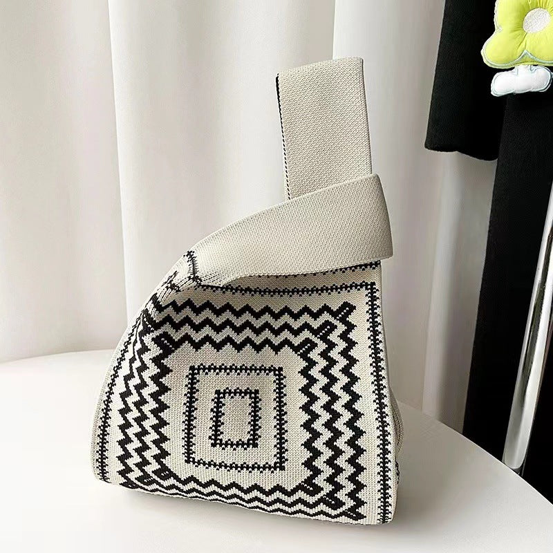 Black & White Geometric Knit Tote Bag | Aztec Pattern Wrist Handle Handbag | Boho Crochet Style Women's Bag