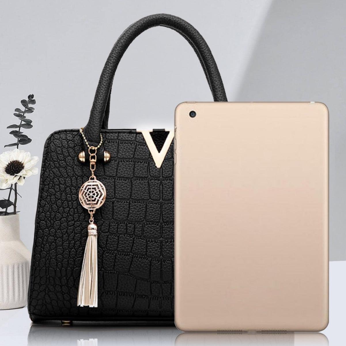 Black Crocodile Pattern Handbag with Gold V Hardware & Tassel | Luxury Women's Shoulder Satchel