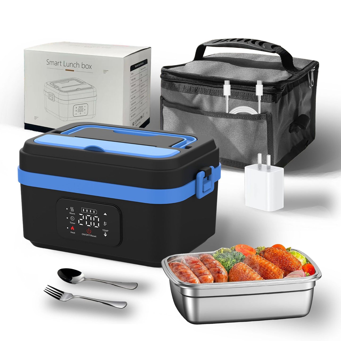 Electric Lunch Box Food Heater with LCD Display Timer & Carry Bag - Portable Self Heating Bento Box Stainless Steel Container for Work