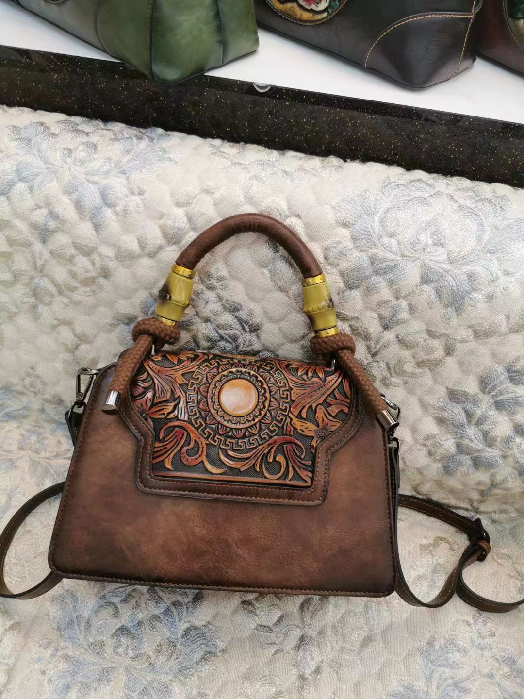 Black Leather Handbag with Tooled Design - Artisan Embossed Shoulder Bag with Braided Handle | Bohemian Ethnic Satchel