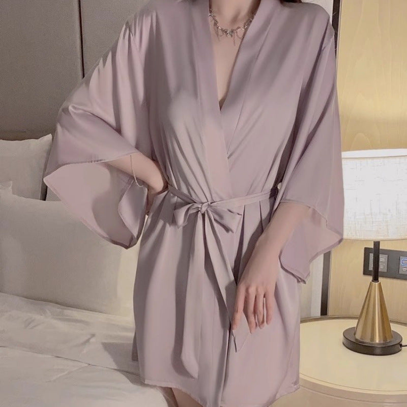 Women's Black Butterfly Lace Satin Nightgown & Robe Set | 2-Piece Halter Mini Slip Dress with Kimono Cardigan | Aesthetic Sleepwear Set