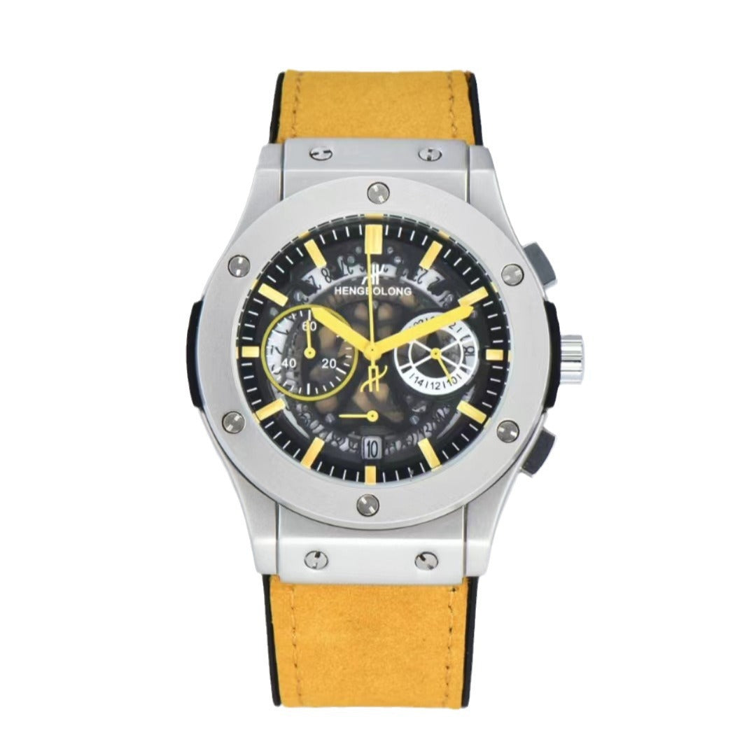Hengbolong Skeleton Chronograph Men's Watch | Silver Screw Bezel Sky Blue Suede Strap Hollow Dial Date Watch