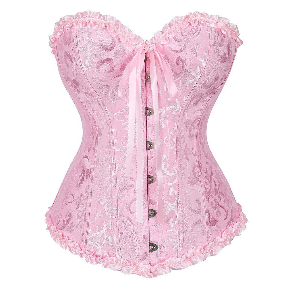 Red Brocade Overbust Corset | Black Ruffle Trim Bow Detail Boned Bustier Waist Cincher Women Halloween Burlesque Corset Top
