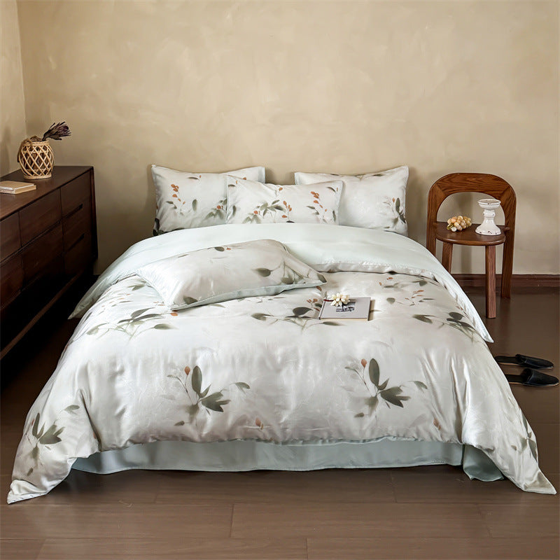 Luxury Floral Satin Bedding Set - Romantic Pink Purple Botanical Print Duvet Cover with Pillowcases - Silky Soft Egyptian Cotton Style Bed Linen Set for Queen King - Elegant Bedroom Decor