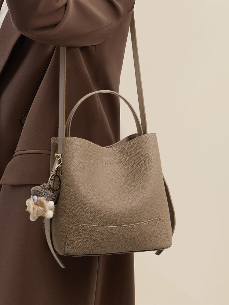 Taupe Brown Pebbled Leather Bucket Bag with Flower Charm | Small Tote Handbag
