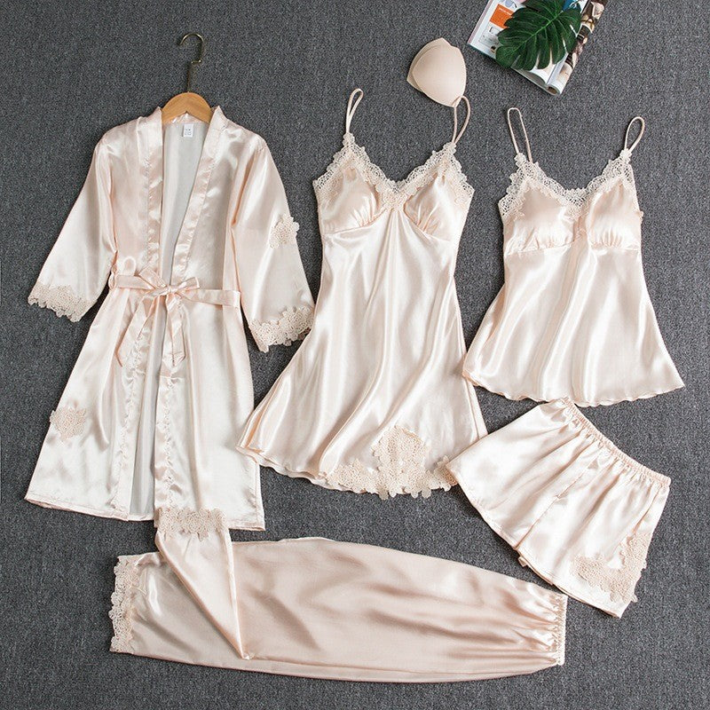 Black Satin Lace Pajama Set | 5-Piece Silk Sleepwear for Women